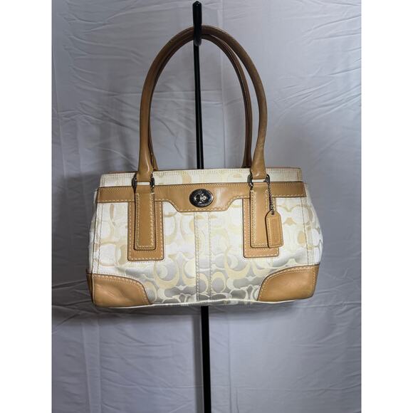 COACH Signature Canvas & Leather Satchel Beige/Khaki – Medium Turnlock Tote - Picture 2 of 9